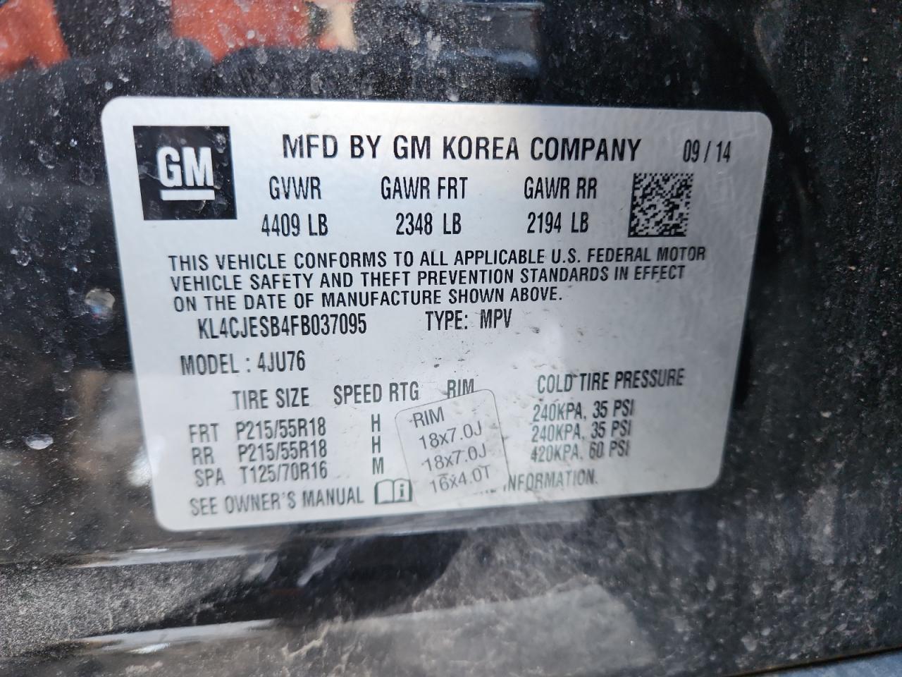 2015 Buick Encore VIN: KL4CJESB4FB037095 Lot: 92397445