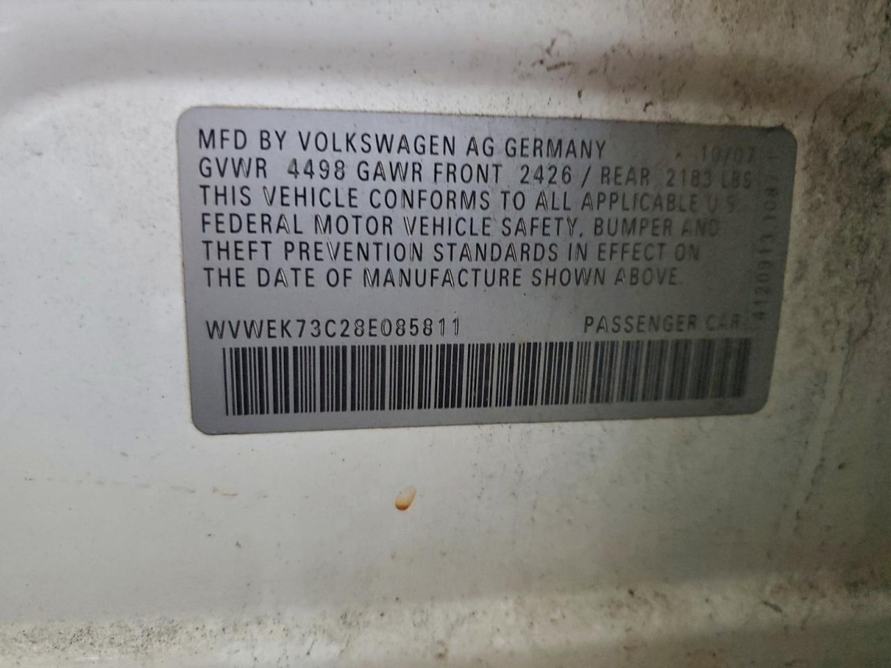 2008 Volkswagen Passat Lux VIN: WVWEK73C28E085811 Lot: 93903735