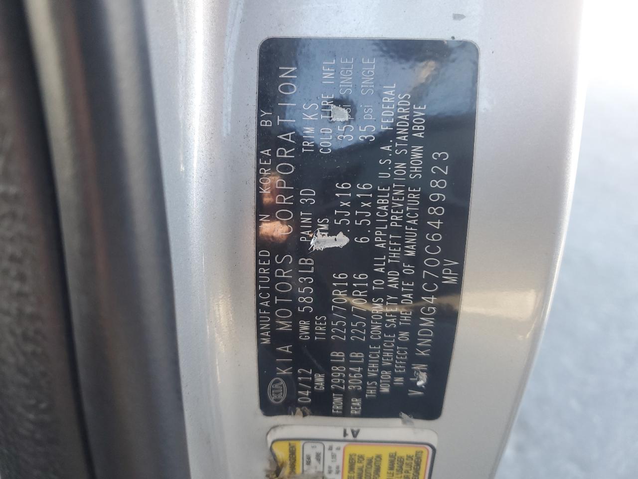 2012 Kia Sedona Lx VIN: KNDMG4C70C6489823 Lot: 92841575