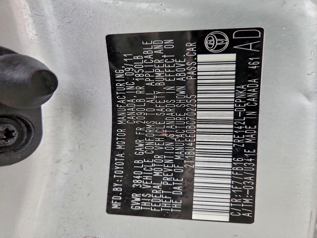 2011 Toyota Corolla Base VIN: 2T1BU4EE0BC702255 Lot: 94649615