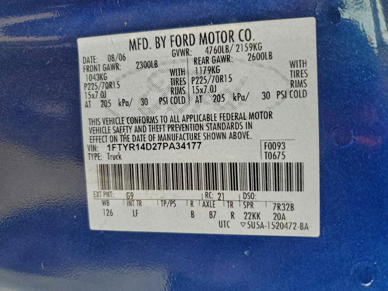 2007 Ford Ranger Super Cab VIN: 1FTYR14D27PA34177 Lot: 93738295