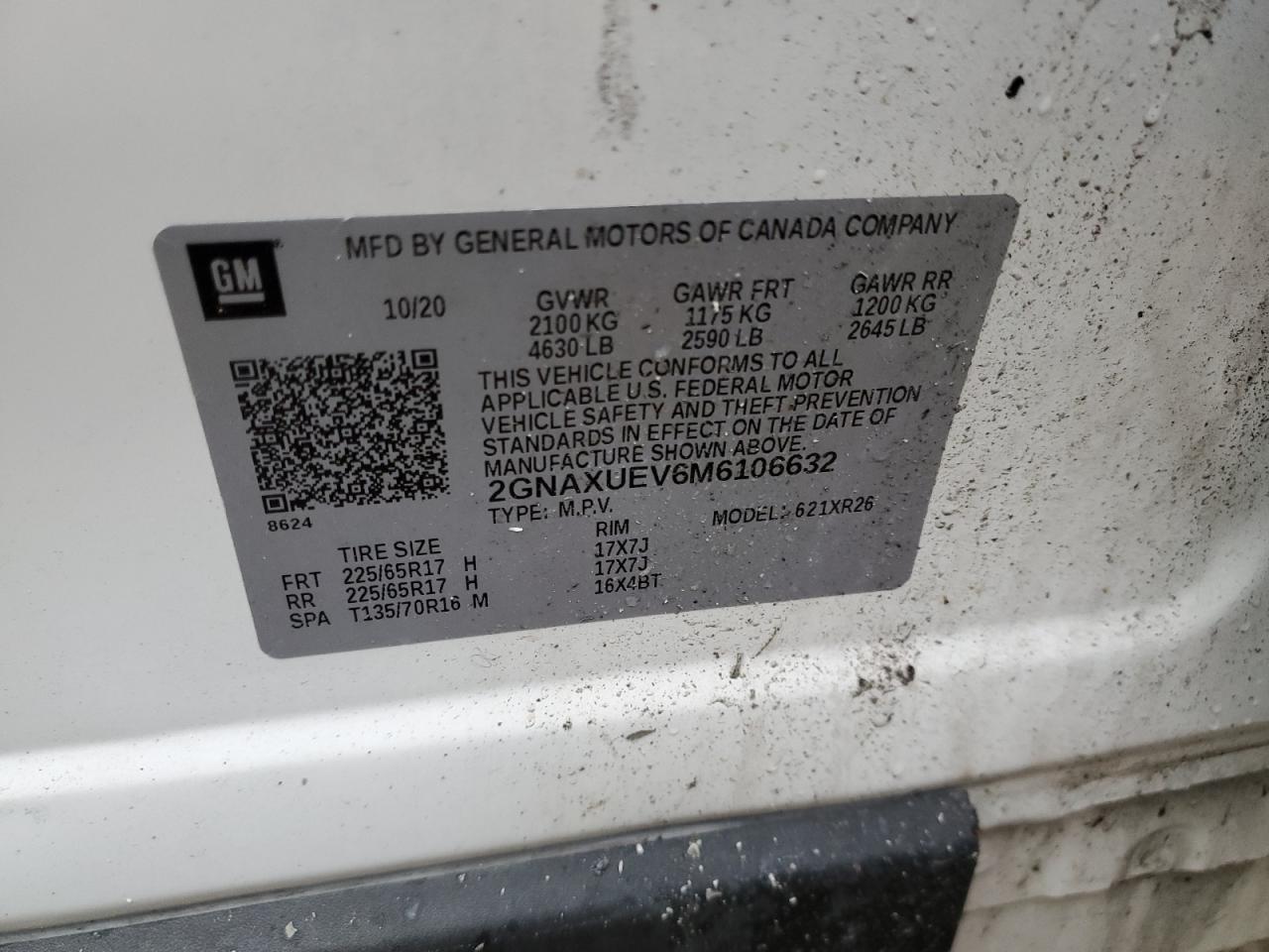 2021 Chevrolet Equinox Lt VIN: 2GNAXUEV6M6106632 Lot: 93603215