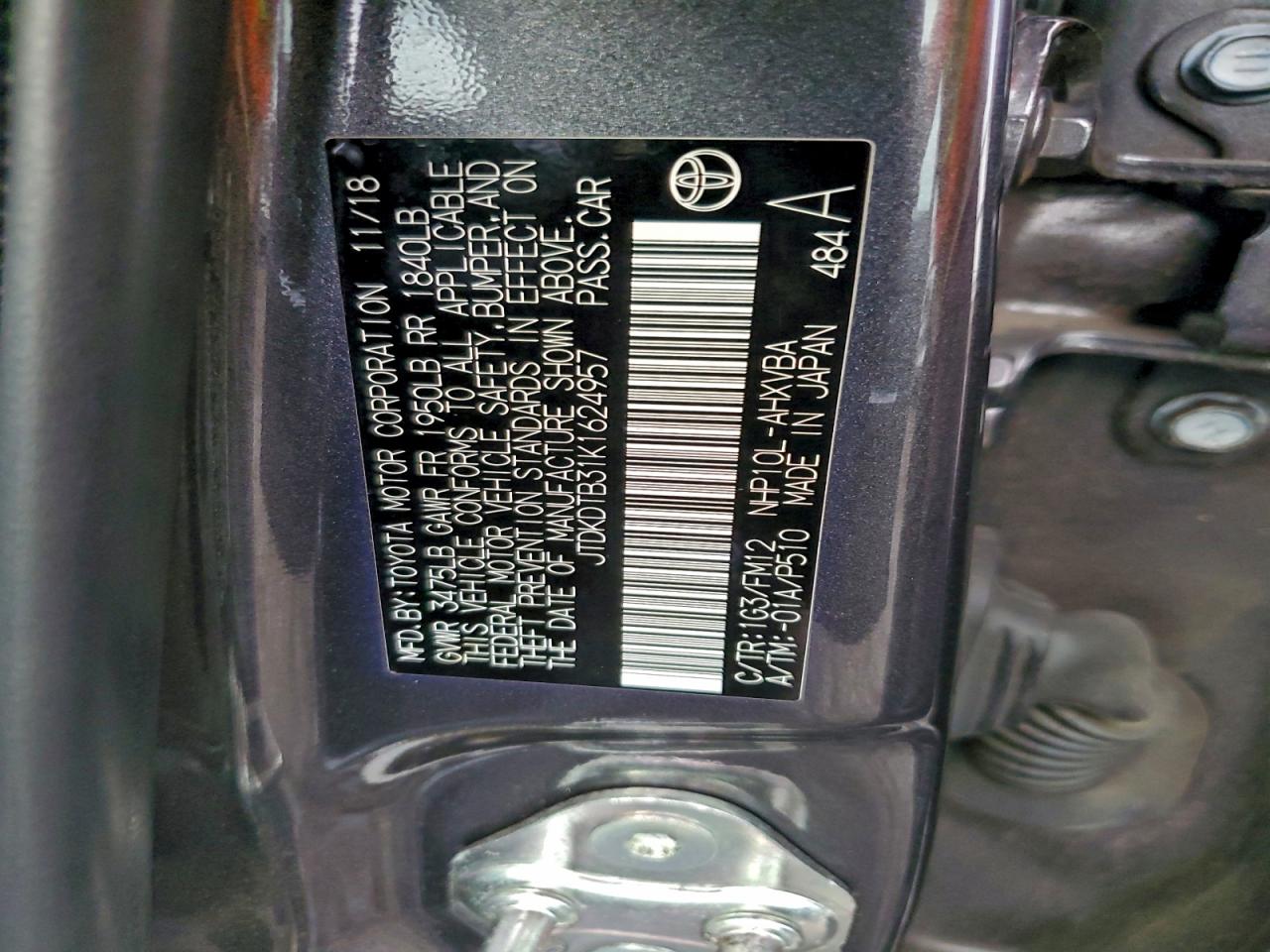 2019 Toyota Prius C VIN: JTDKDTB31K1624957 Lot: 92352425