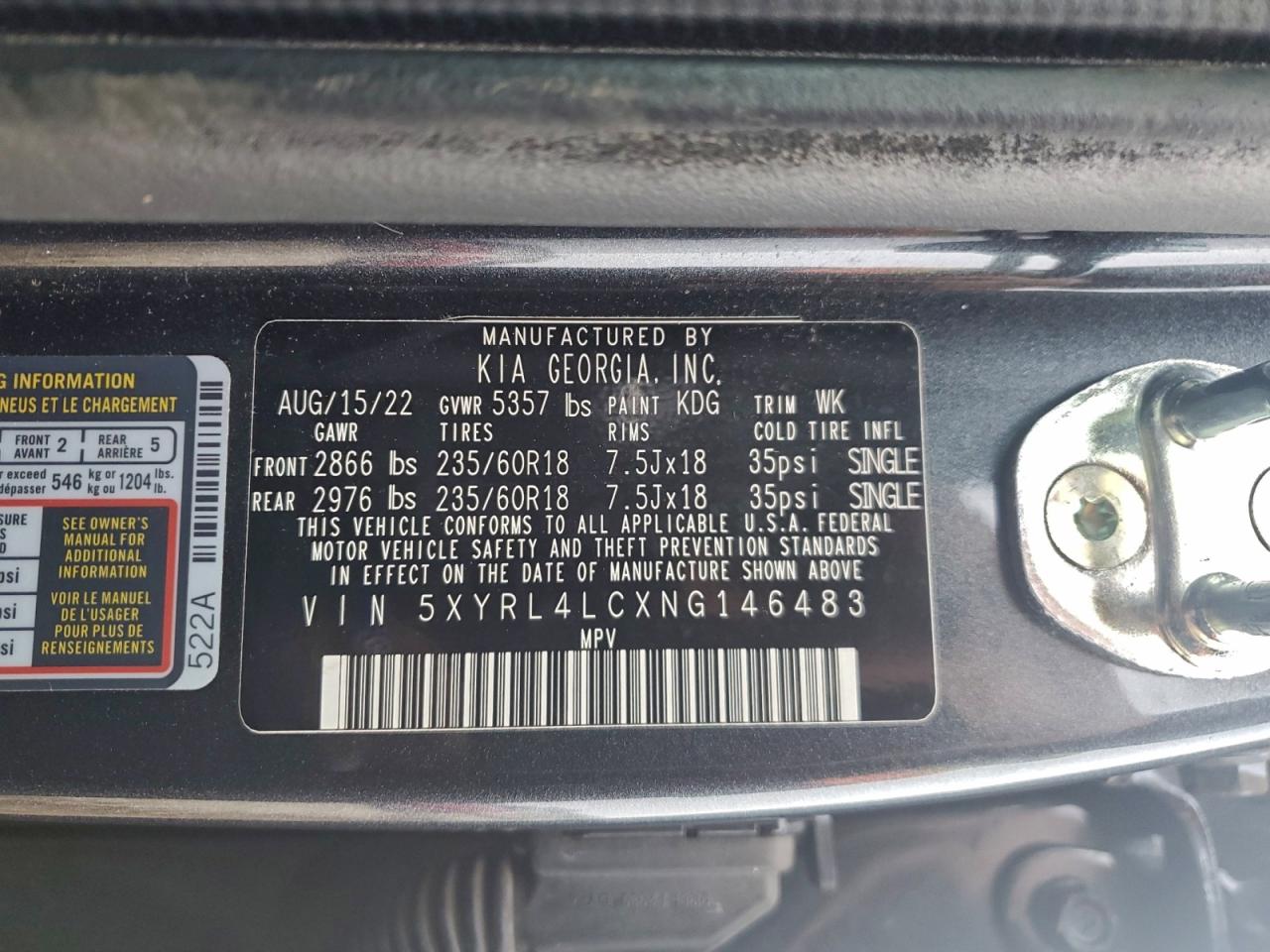 2022 Kia Sorento S VIN: 5XYRL4LCXNG146483 Lot: 94139305