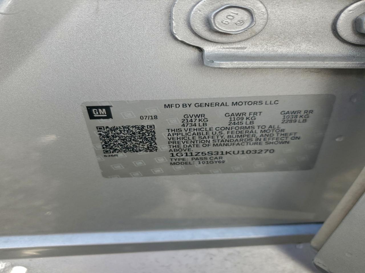 2019 Chevrolet Impala Lt VIN: 1G11Z5S31KU103270 Lot: 93921355