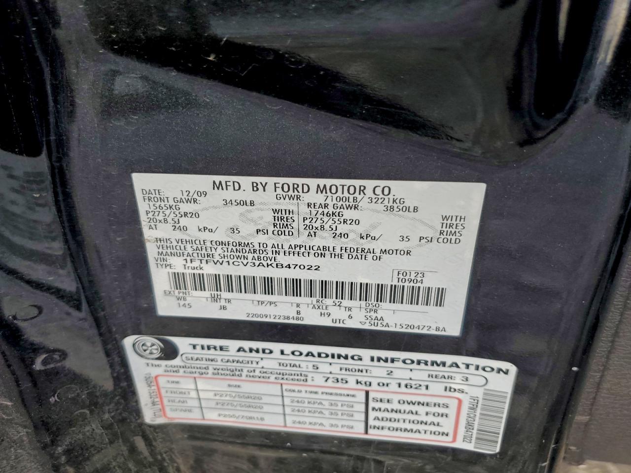 2010 Ford F150 Supercrew VIN: 1FTFW1CV3AKB47022 Lot: 93637025