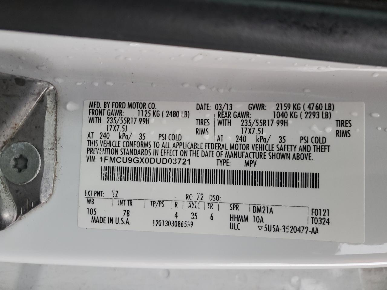 2013 Ford Escape Se VIN: 1FMCU9GX0DUD03721 Lot: 93670695