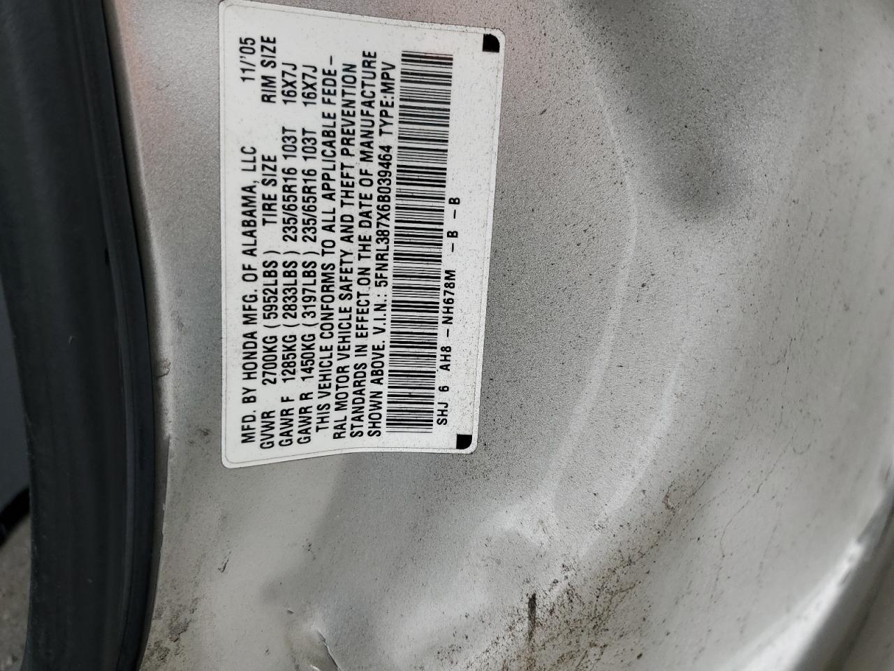 2006 Honda Odyssey Exl VIN: 5FNRL387X6B039464 Lot: 93323725