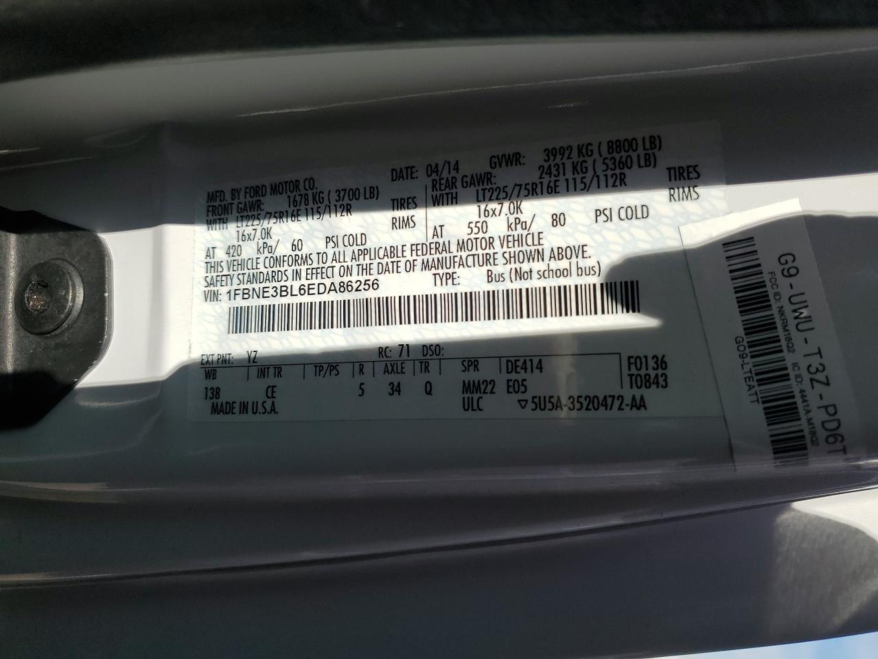 2014 Ford Econoline E350 Super Duty Wagon VIN: 1FBNE3BL6EDA86256 Lot: 91506765