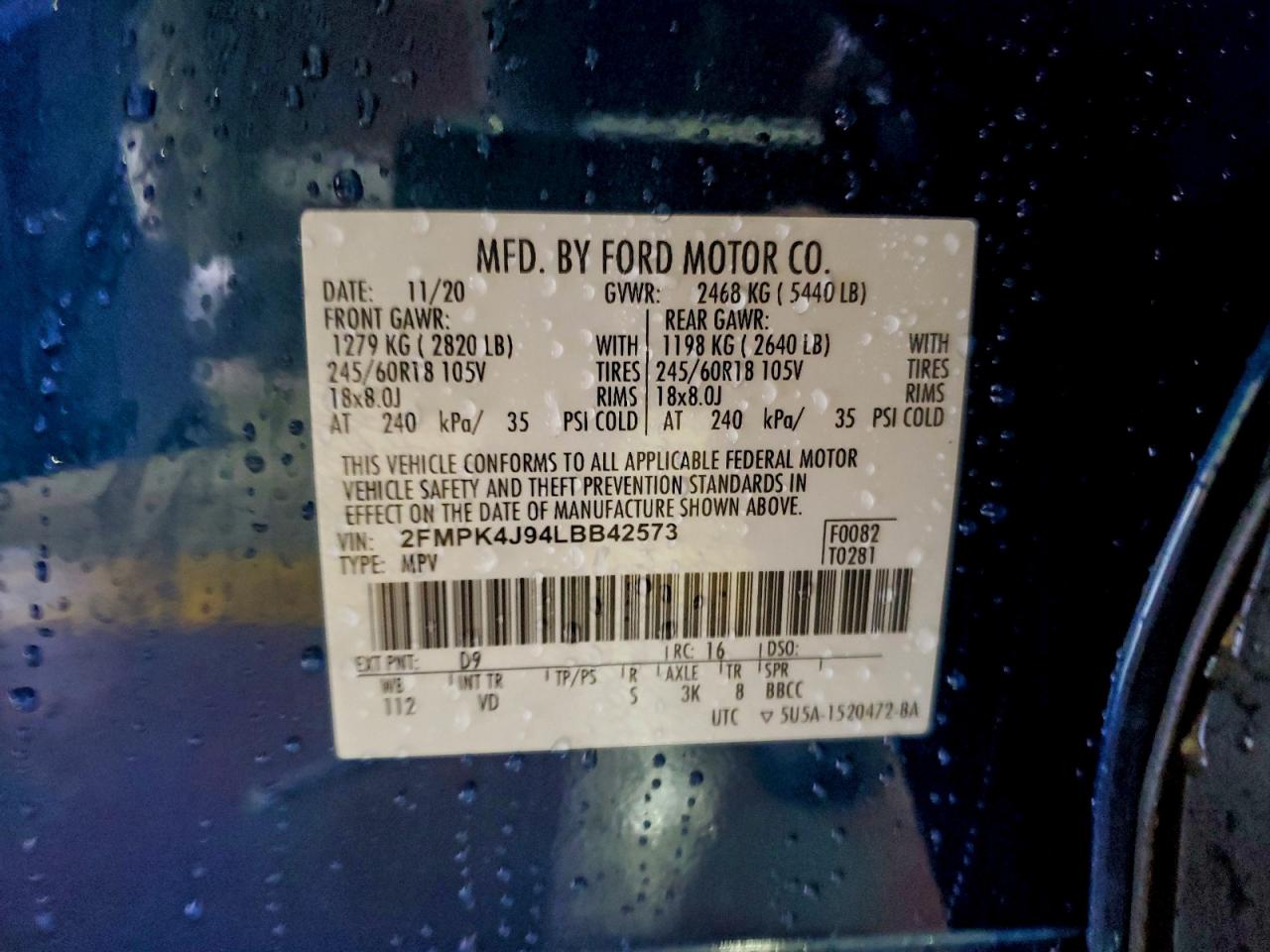 2020 Ford Edge Sel VIN: 2FMPK4J94LBB42573 Lot: 94045525