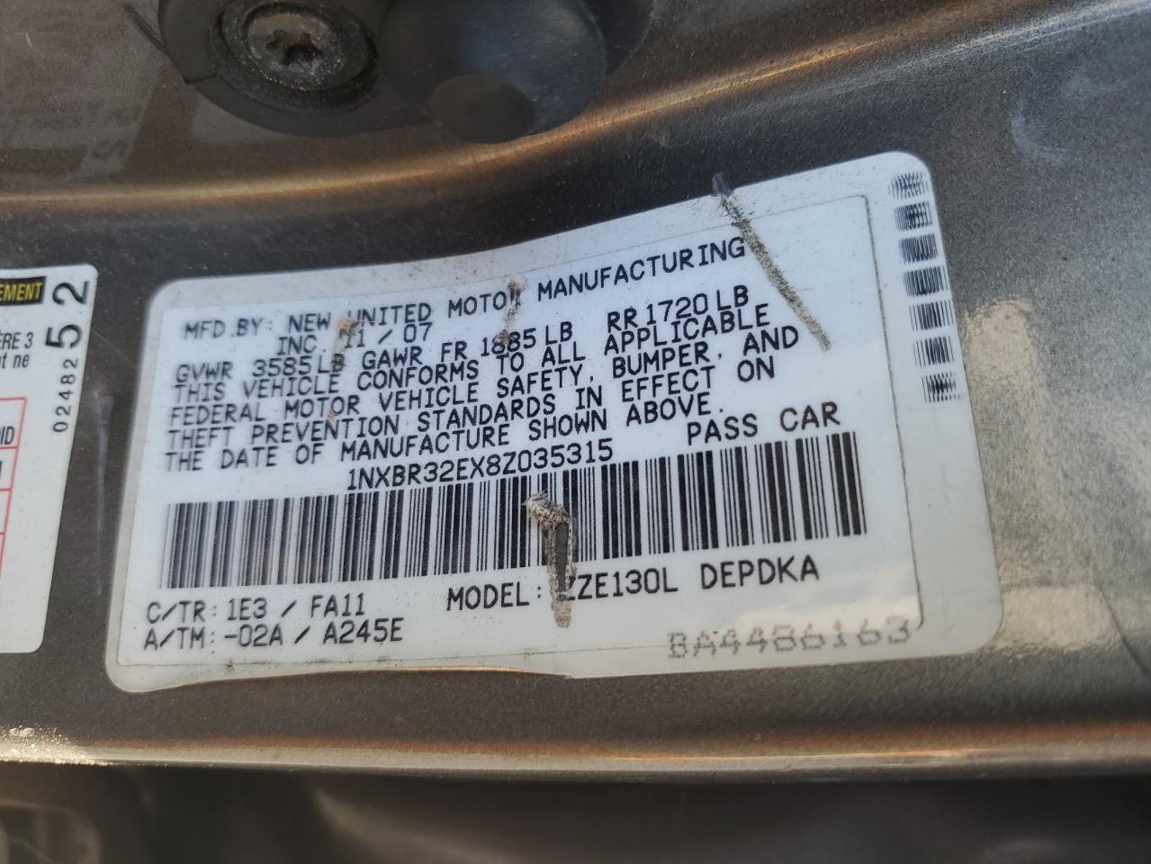 2008 Toyota Corolla Ce VIN: 1NXBR32EX8Z035315 Lot: 91048875