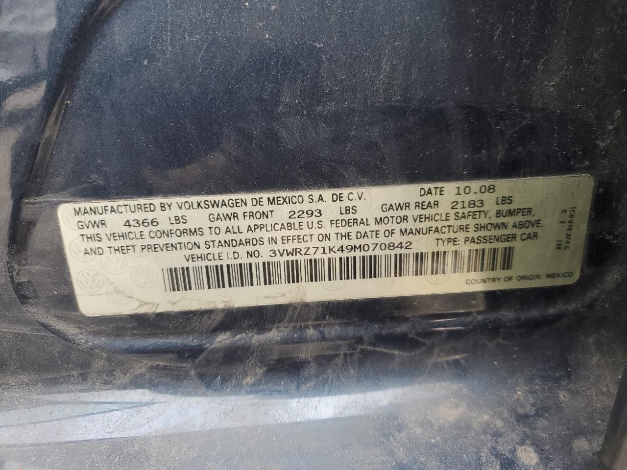 2009 Volkswagen Jetta Se VIN: 3VWRZ71K49M070842 Lot: 91224435