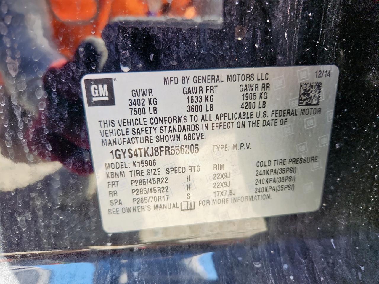 2015 Cadillac Escalade Esv Premium VIN: 1GYS4TKJ8FR556205 Lot: 92135915