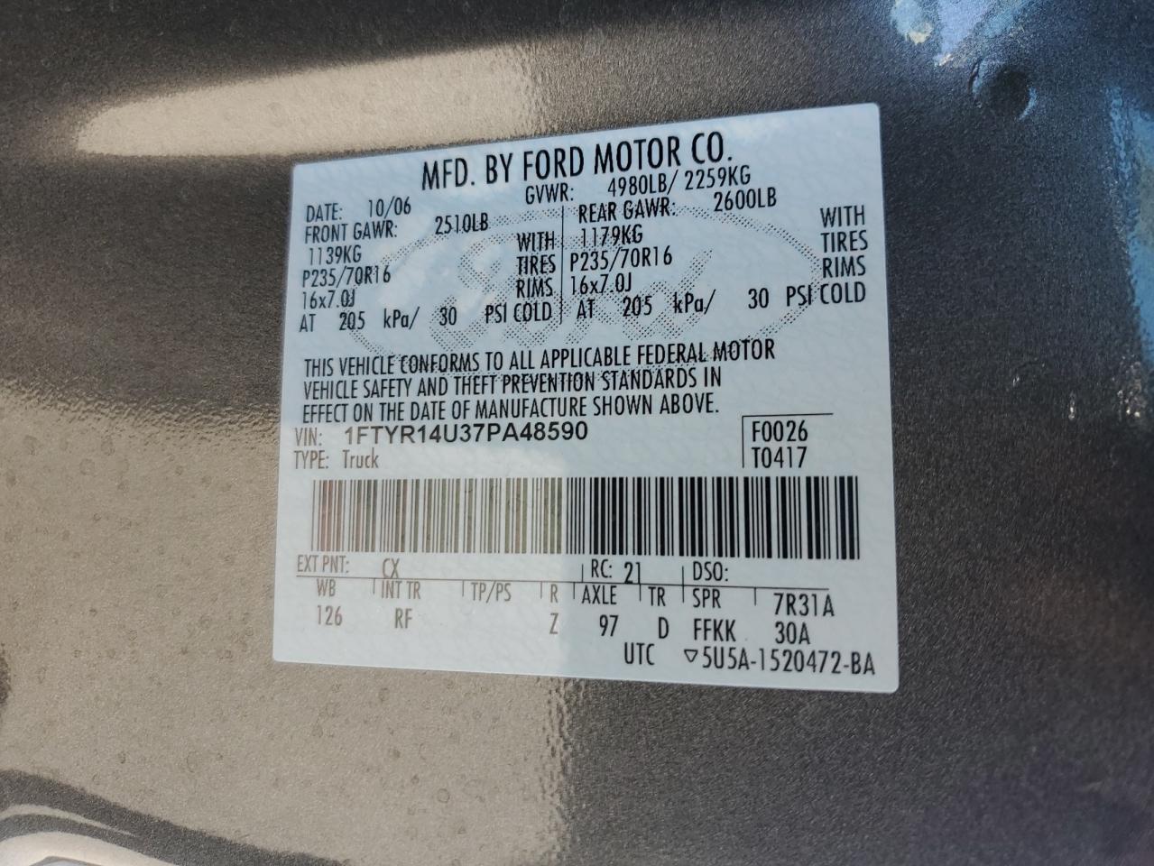 2007 Ford Ranger Super Cab VIN: 1FTYR14U37PA48590 Lot: 92364545