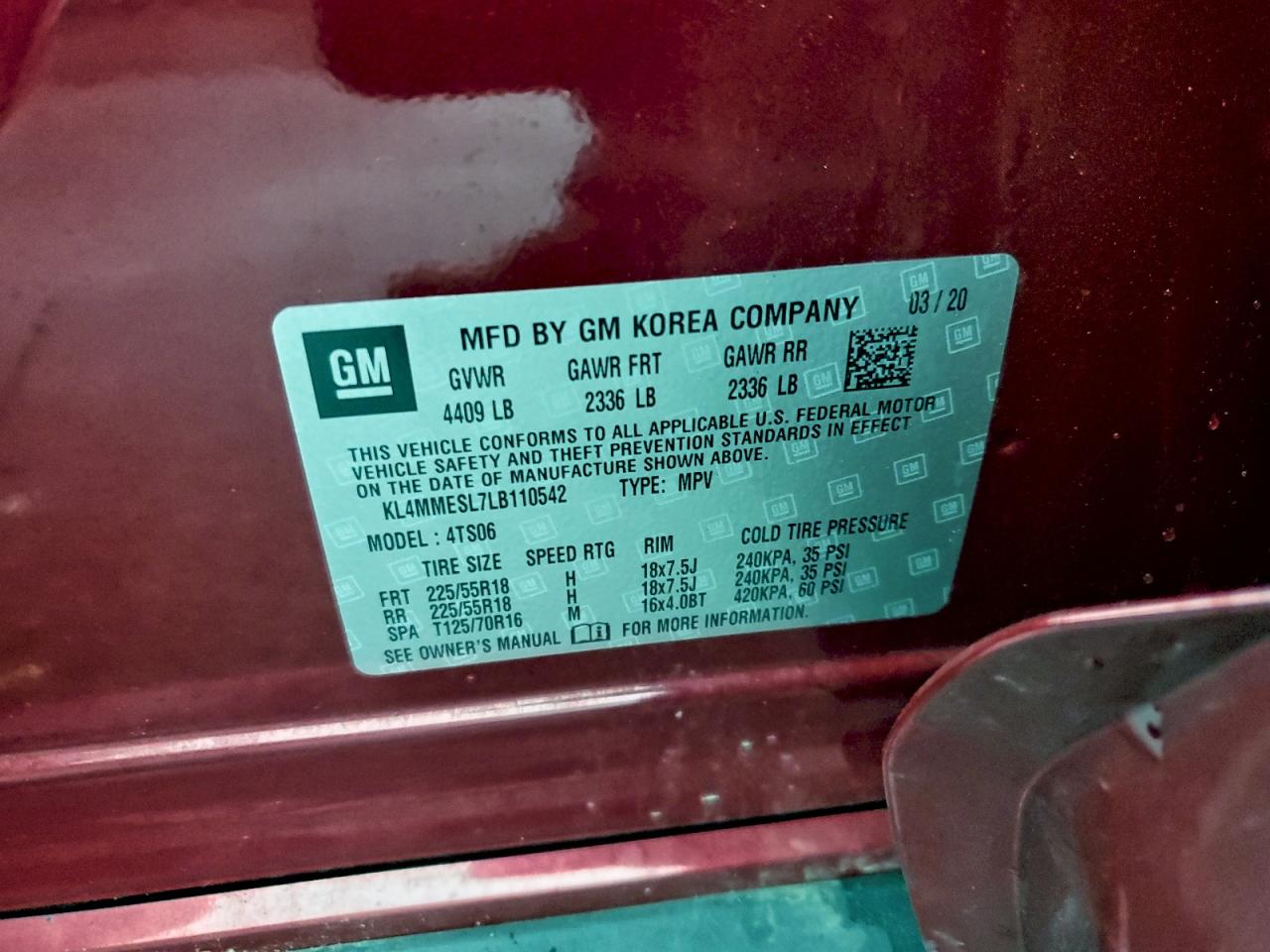 2020 Buick Encore Gx Select VIN: KL4MMESL7LB110542 Lot: 94283595