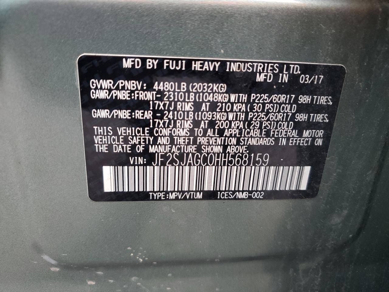 2017 Subaru Forester 2.5I Premium VIN: JF2SJAGC0HH568159 Lot: 93639715