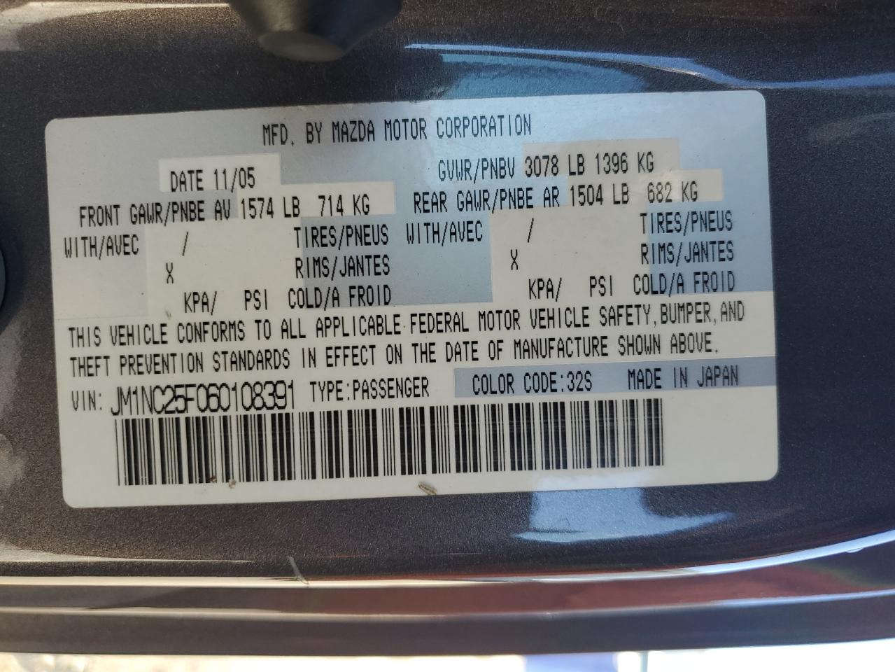 2006 Mazda Mx-5 Miata VIN: JM1NC25F060108391 Lot: 92440435