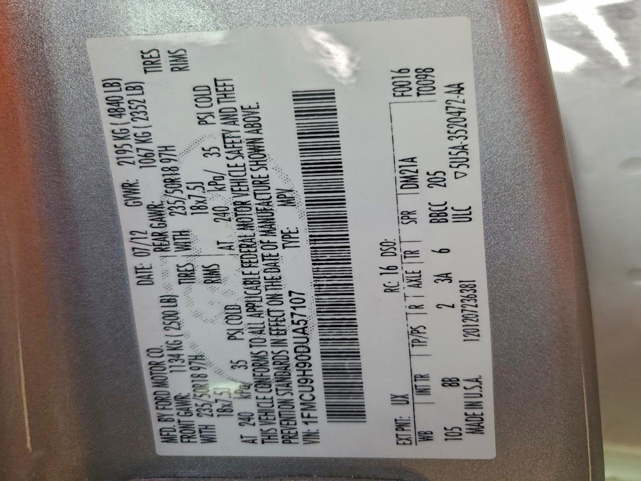 2013 Ford Escape Sel VIN: 1FMCU9H90DUAS7102 Lot: 95304105