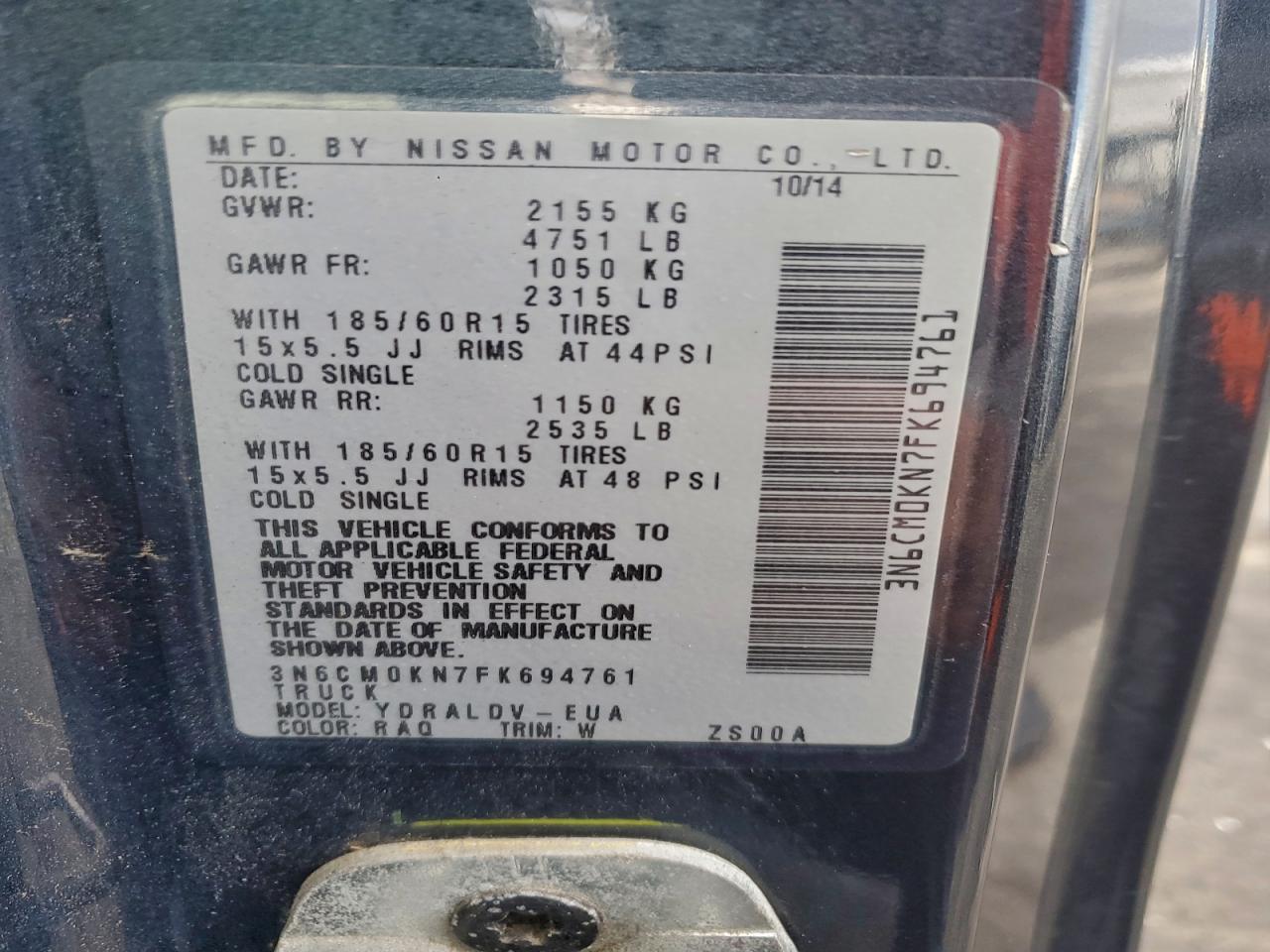 2015 Nissan Nv200 2.5S VIN: 3N6CM0KN7FK694761 Lot: 93379495