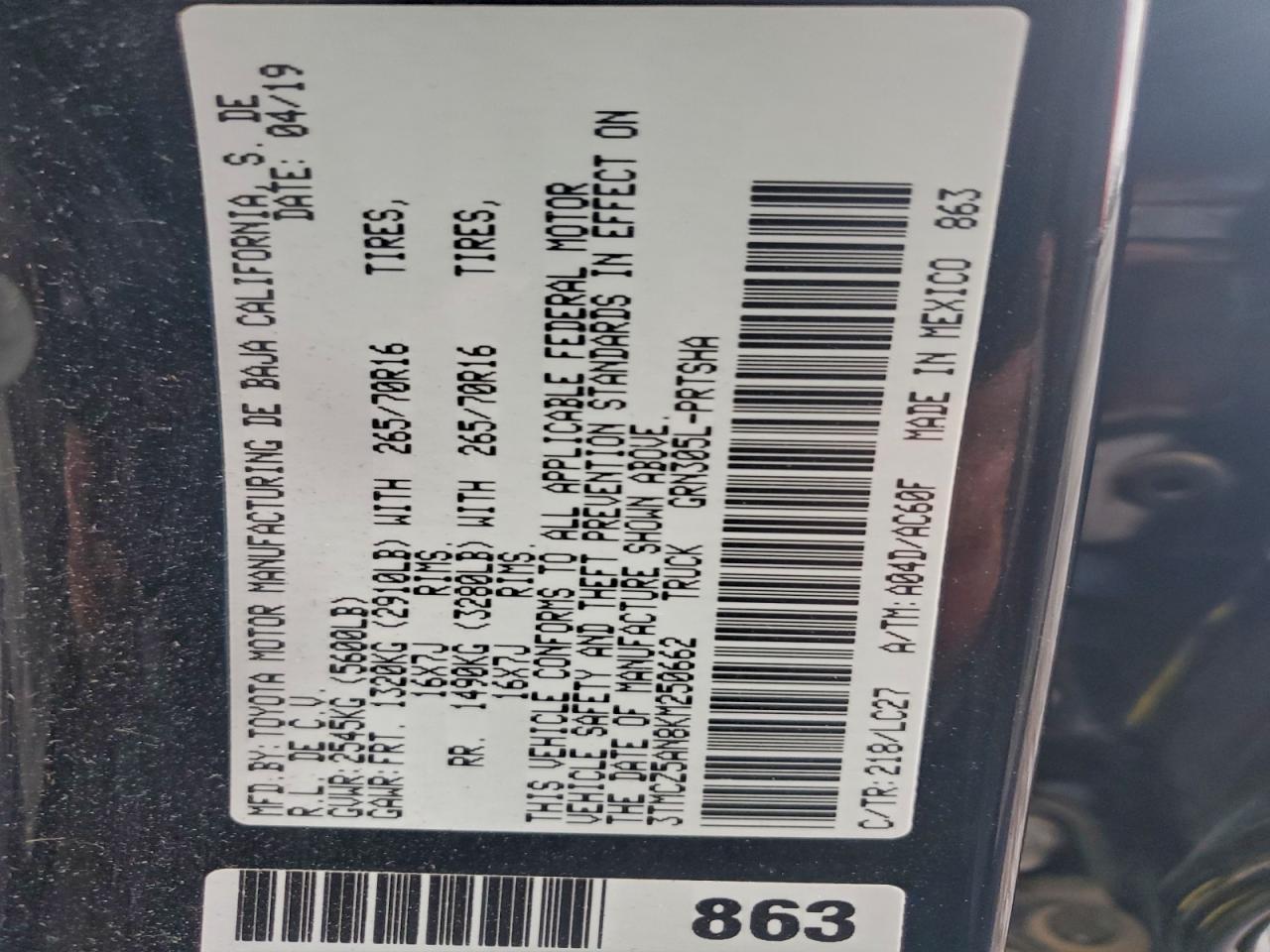 2019 Toyota Tacoma Double Cab VIN: 3TMCZ5AN8KM250662 Lot: 93830995