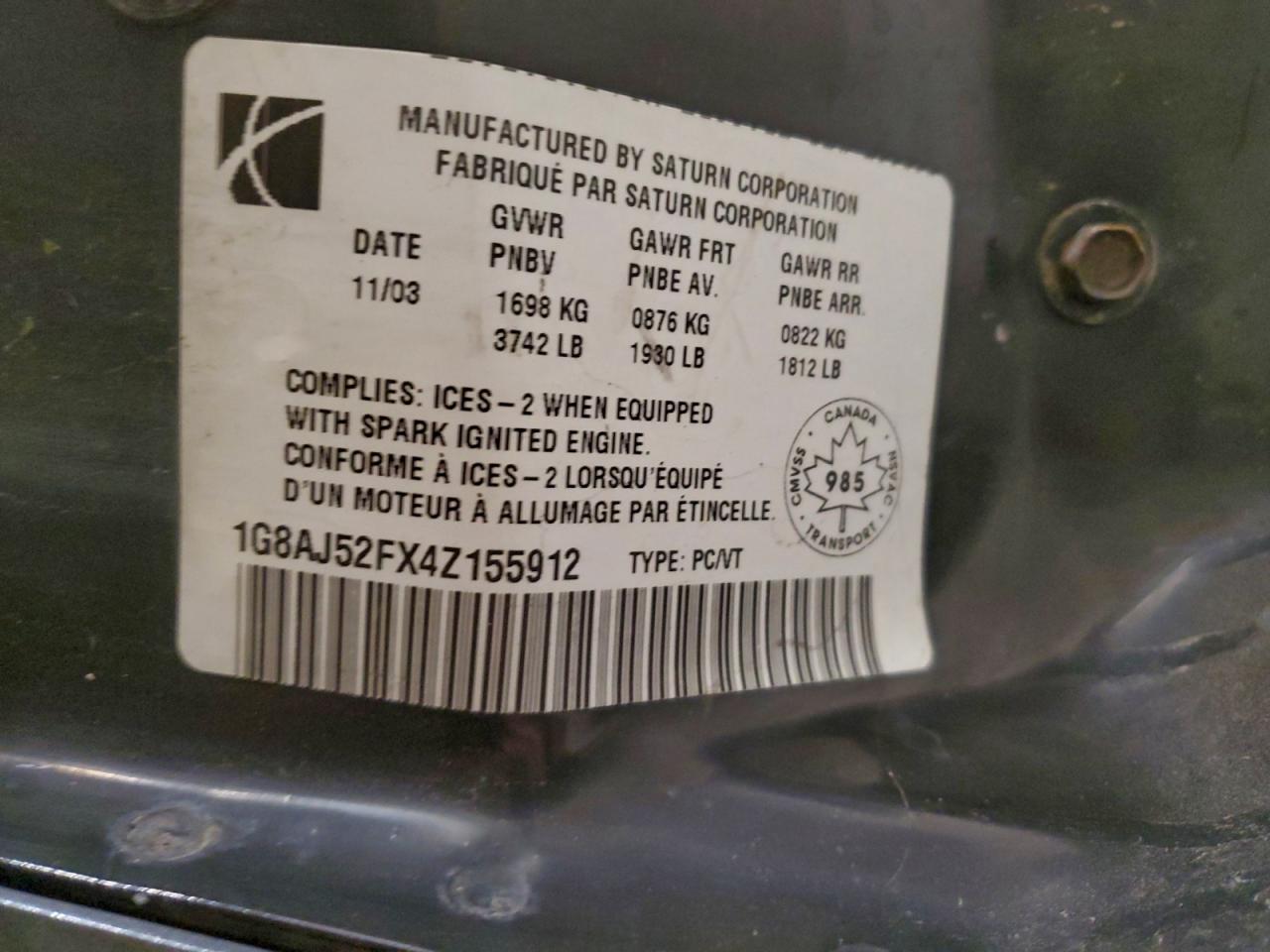 2004 Saturn Ion Level 2 VIN: 1G8AJ52FX4Z155912 Lot: 93957915