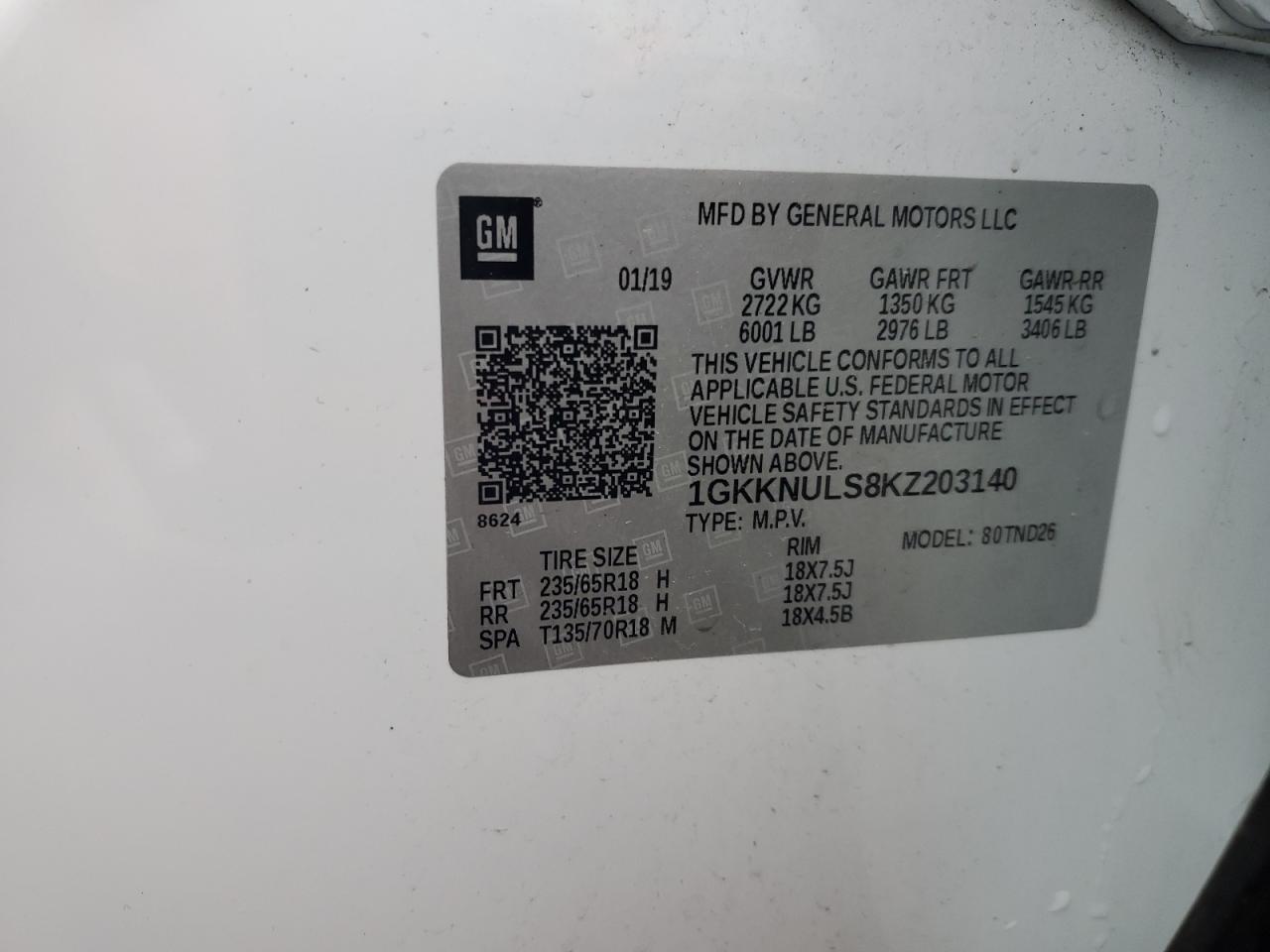 2019 GMC Acadia Slt-1 VIN: 1GKKNULS8KZ203140 Lot: 91254935