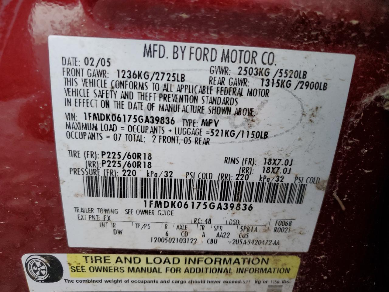 2005 Ford Freestyle Limited VIN: 1FMDK06175GA39836 Lot: 92463675