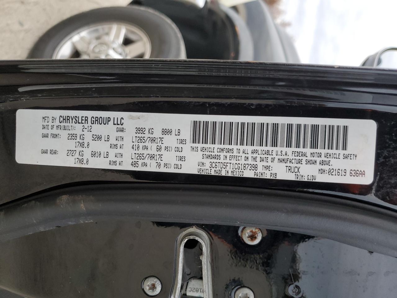 2012 Dodge Ram 2500 Laramie VIN: 3C6TD5FT1CG187398 Lot: 93057585