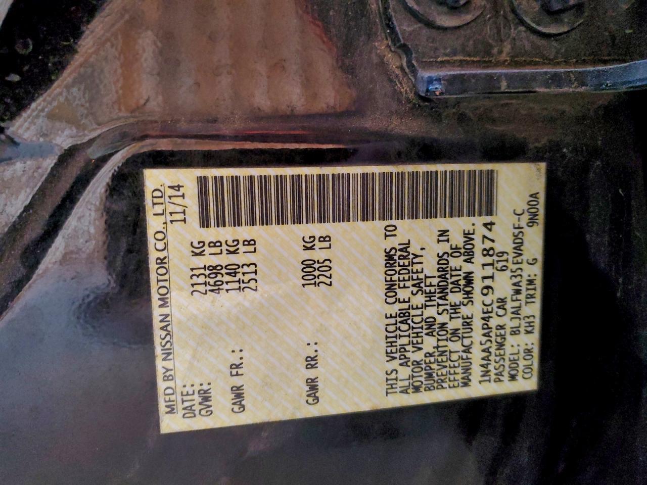 2014 Nissan Maxima S VIN: 1N4AA5AP4EC911874 Lot: 93789455