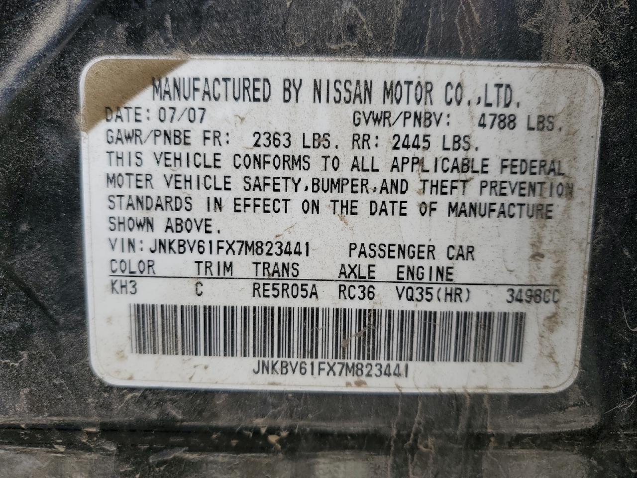 2007 Infiniti G35 VIN: JNKBV61FX7M823441 Lot: 92976555