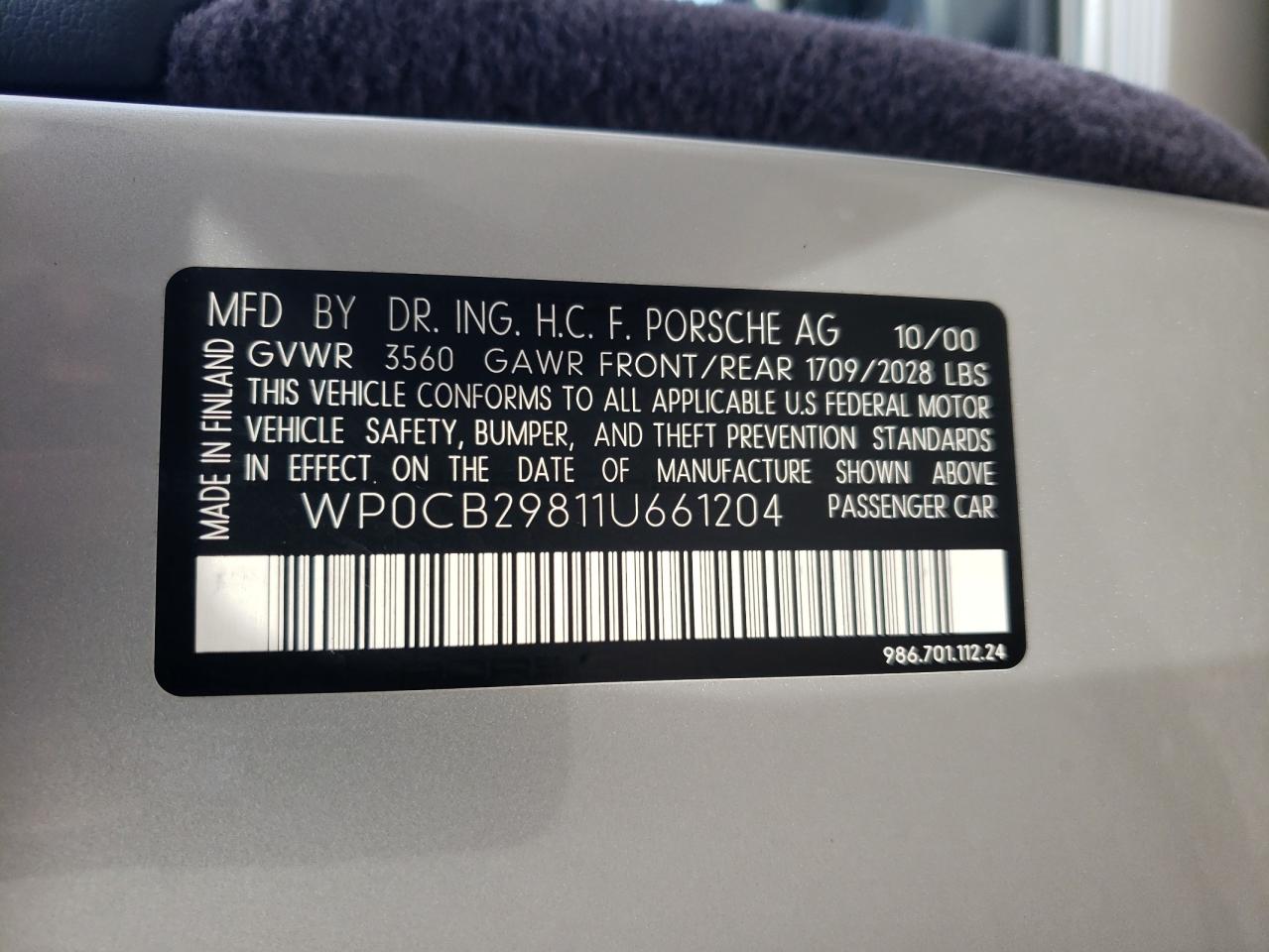 2001 Porsche Boxster S VIN: WP0CB29811U661204 Lot: 93514915