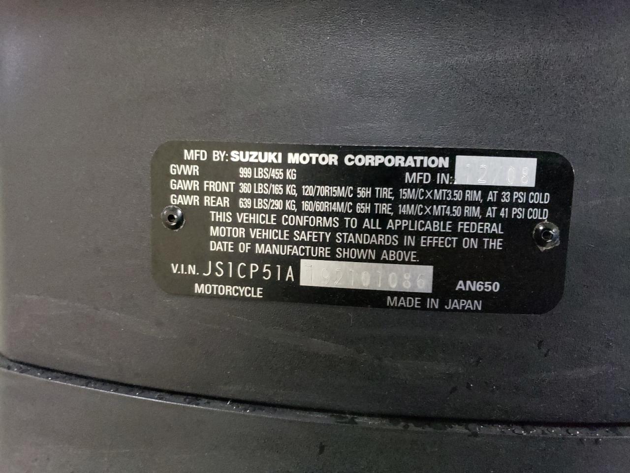 2009 Suzuki An650 VIN: JS1CP51A192101086 Lot: 91434795