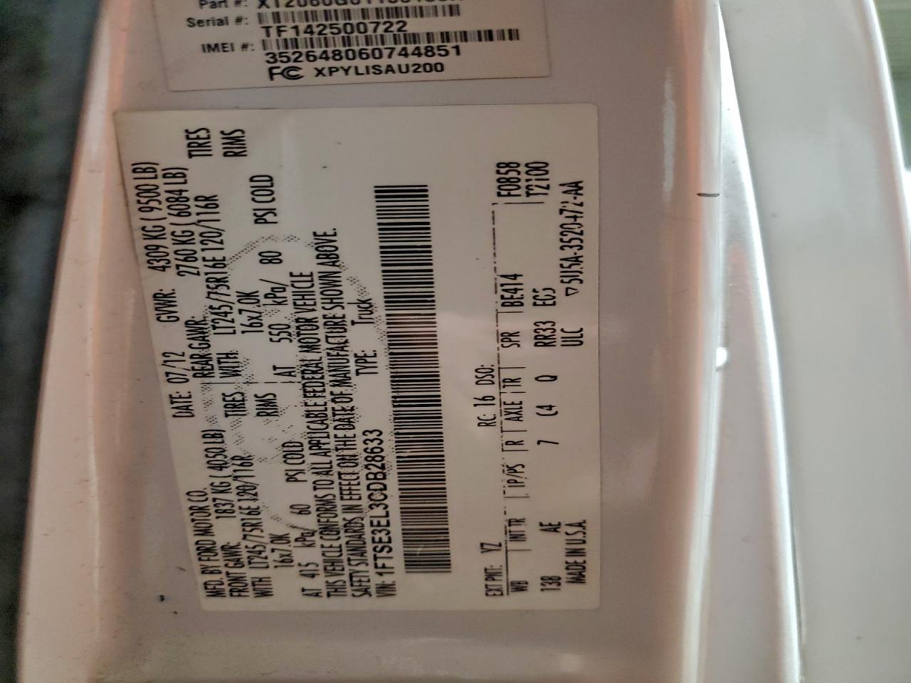 2012 Ford Econoline E350 Super Duty Van VIN: 1FTSE3EL3CDB28633 Lot: 93837185