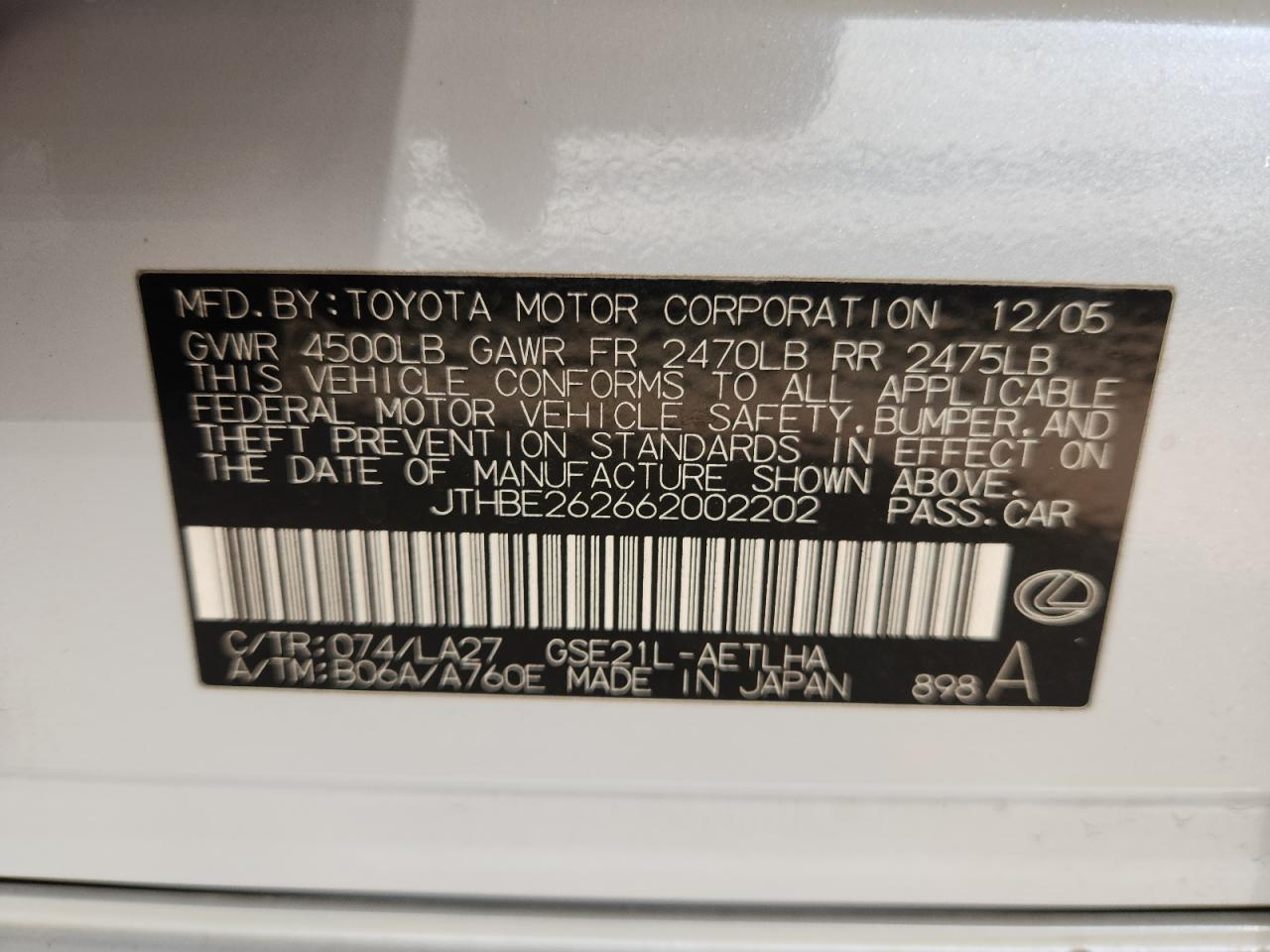 2006 Lexus Is 350 VIN: JTHBE262662002202 Lot: 91586395