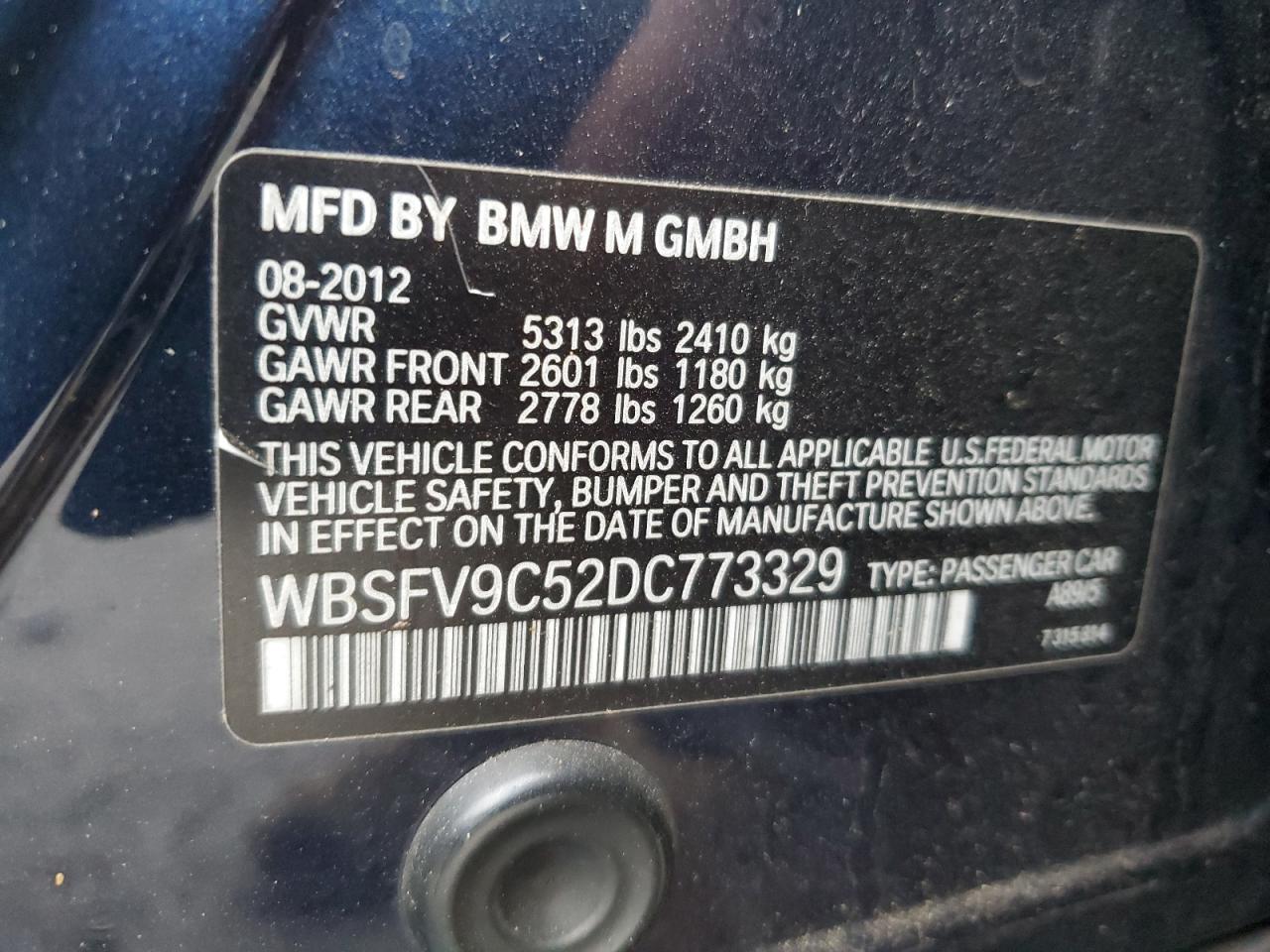 2013 BMW M5 VIN: WBSFV9C52DC773329 Lot: 92306805