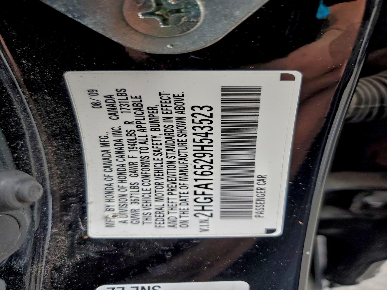 2009 Honda Civic Lx VIN: 2HGFA16529H543523 Lot: 93130425