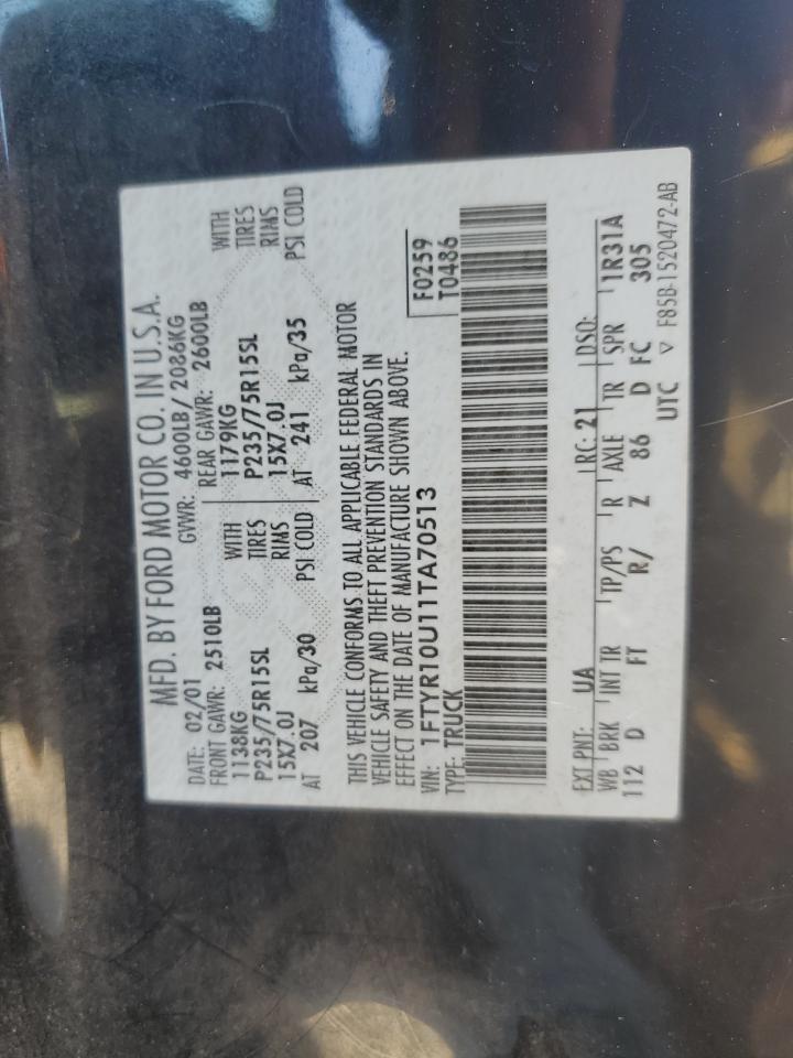 2001 Ford Ranger VIN: 1FTYR10U11TA70513 Lot: 93244365