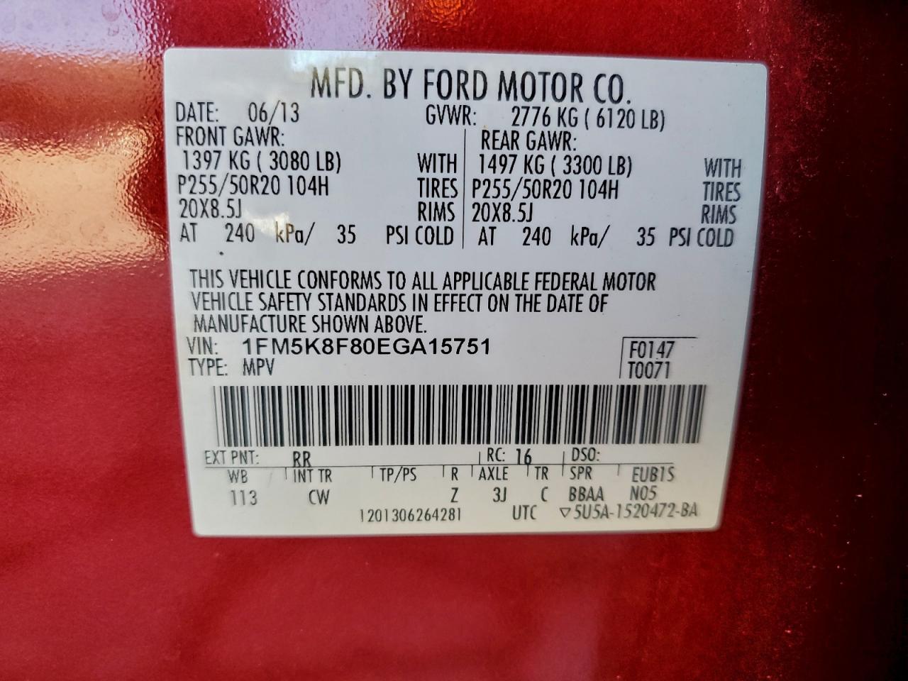 2014 Ford Explorer Limited VIN: 1FM5K8F80EGA15751 Lot: 93830655