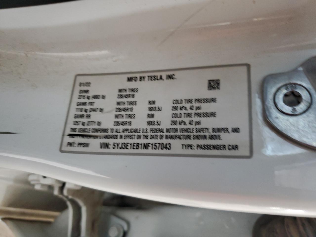 2022 Tesla Model 3 VIN: 5YJ3E1EB1NF157043 Lot: 92503135