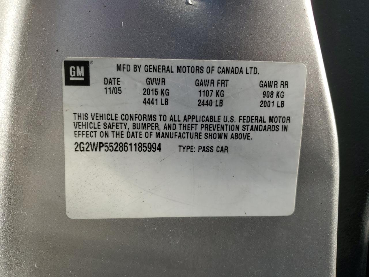 2006 Pontiac Grand Prix VIN: 2G2WP552861185994 Lot: 92481845