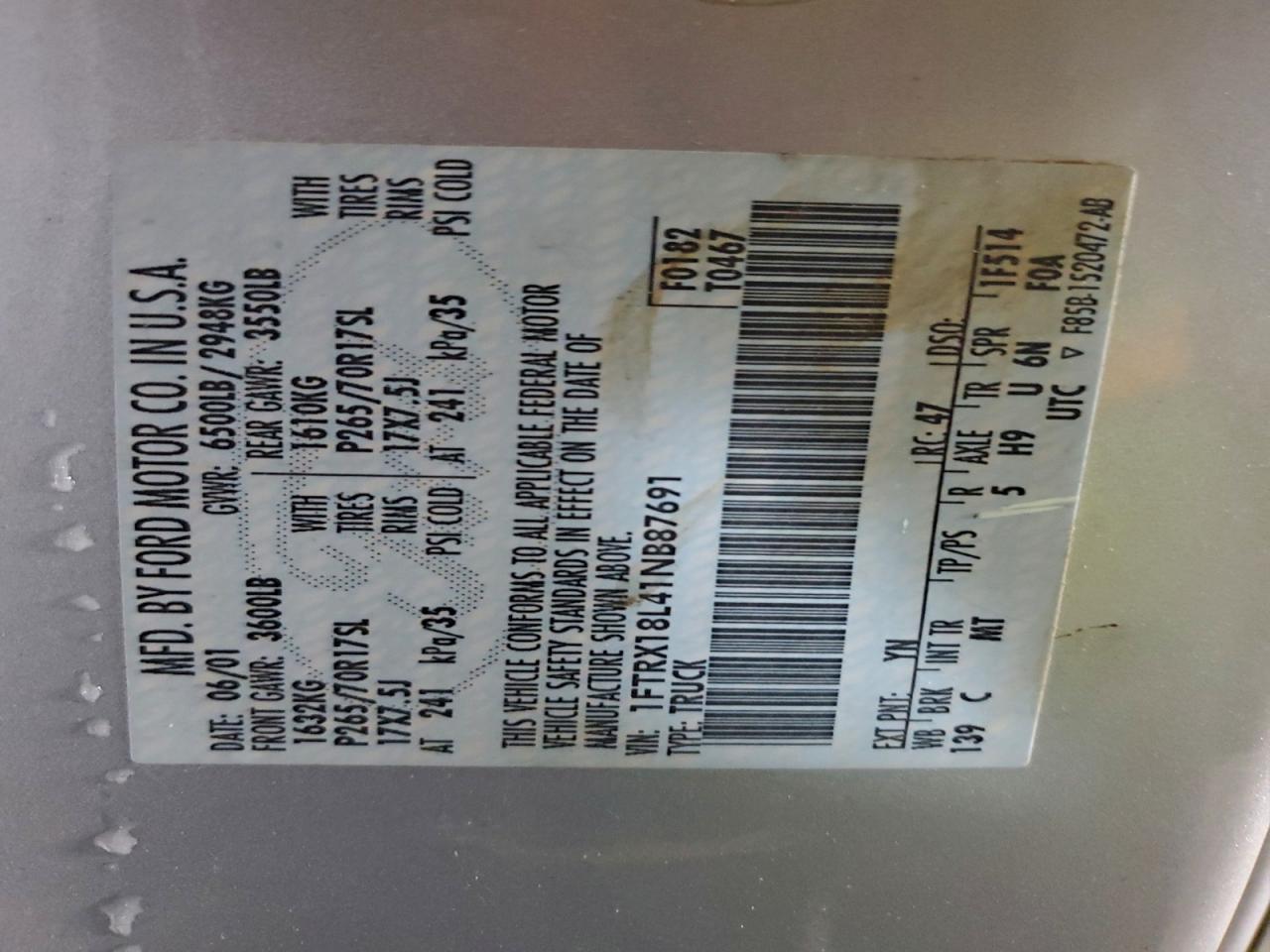 2001 Ford F150 VIN: 1FTRX18L41NB87691 Lot: 94085935