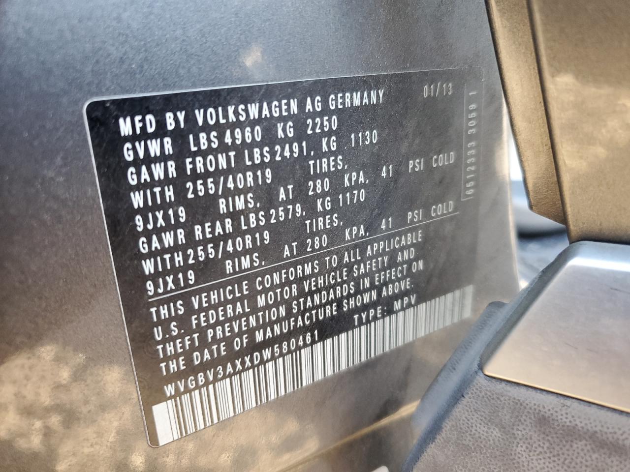 2013 Volkswagen Tiguan S VIN: WVGBV3AXXDW580461 Lot: 92197635