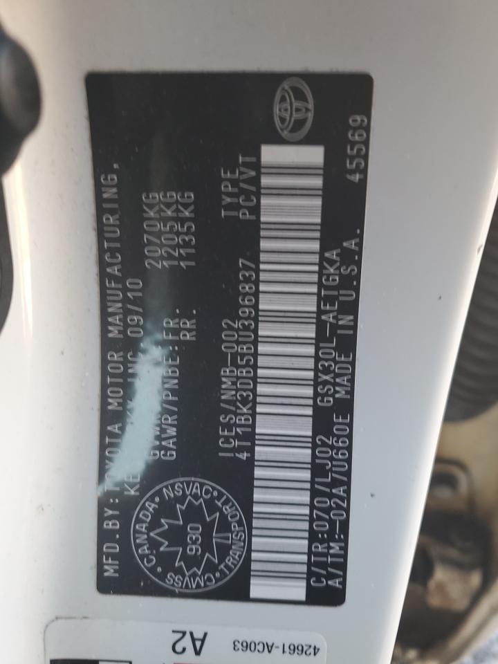 2011 Toyota Avalon Base VIN: 4T1BK3DB5BU396837 Lot: 92974845