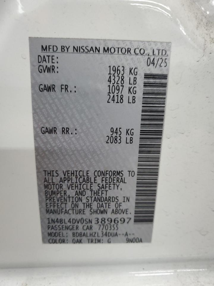 2025 Nissan Altima Sv VIN: 1N4BL4DV0SN389697 Lot: 93020355