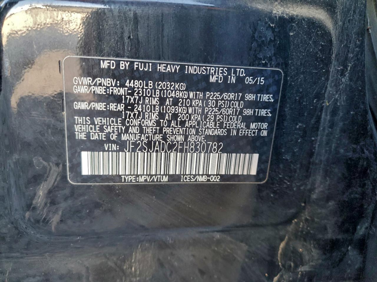 2015 Subaru Forester 2.5I Premium VIN: JF2SJADC2FH830782 Lot: 94336555