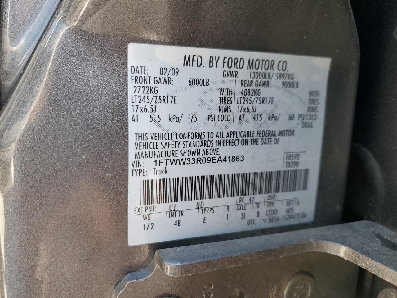 2009 Ford F350 Super Duty VIN: 1FTWW33R09EA41863 Lot: 92394105