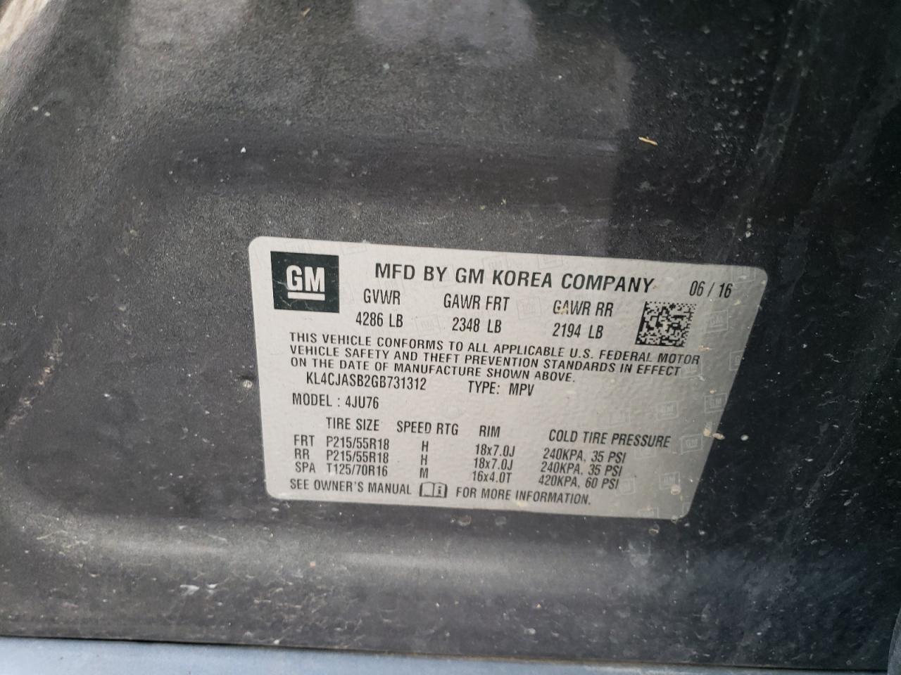 2016 Buick Encore VIN: KL4CJASB2GB731312 Lot: 93195305