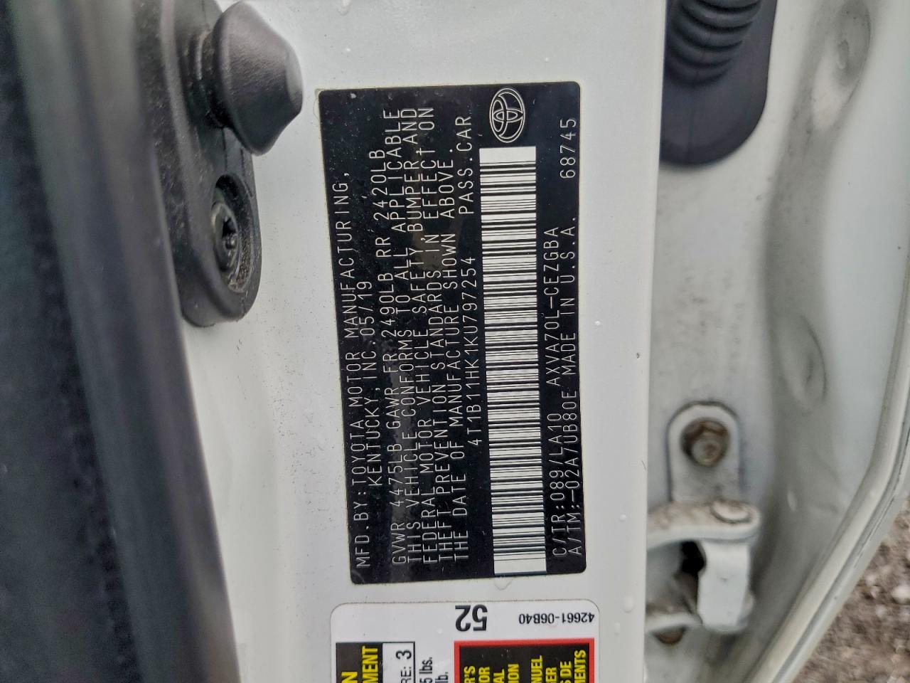 2019 Toyota Camry L VIN: 4T1B11HK1KU797254 Lot: 94243765