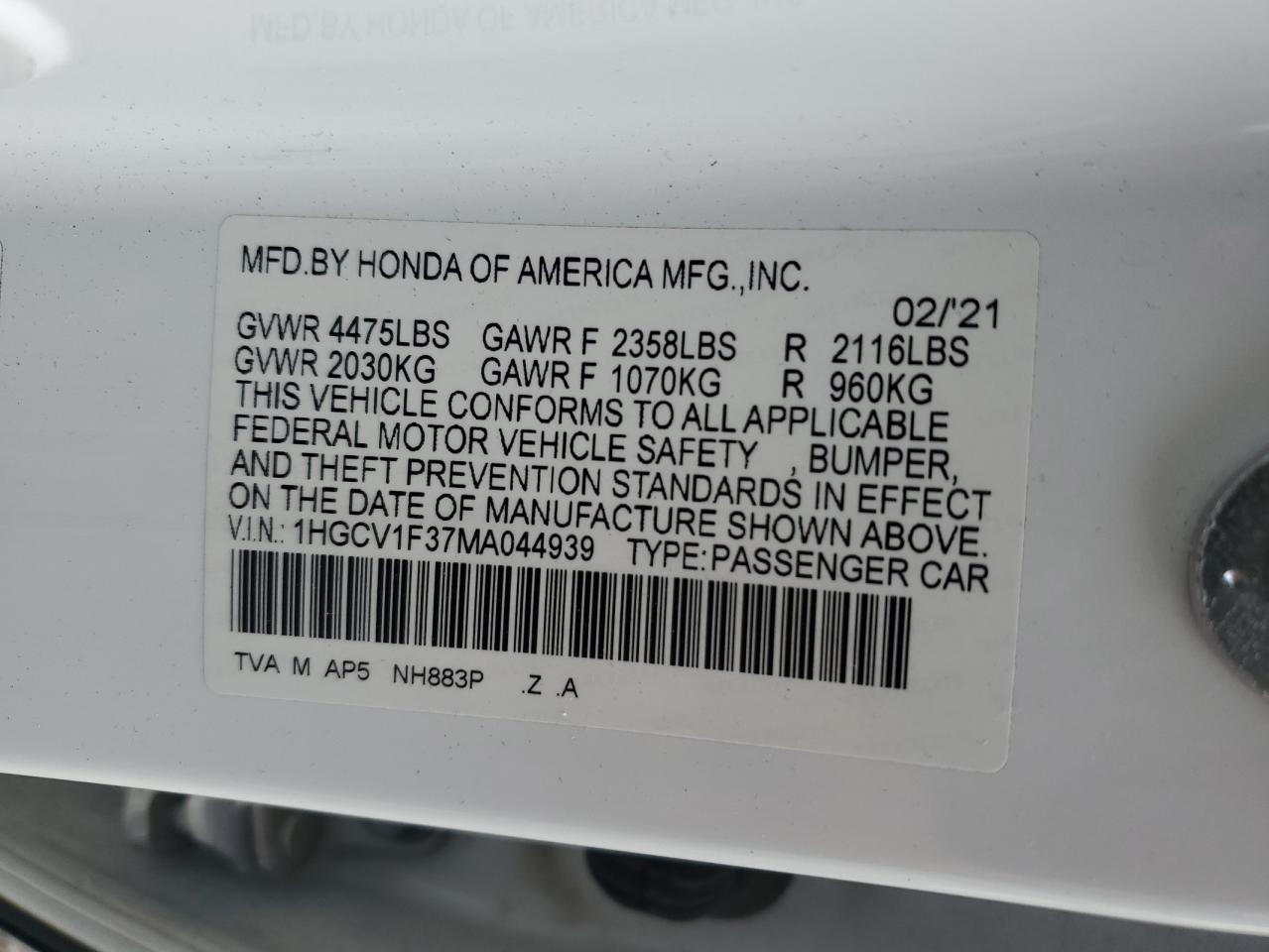 2021 Honda Accord Sport VIN: 1HGCV1F37MA044939 Lot: 93491225