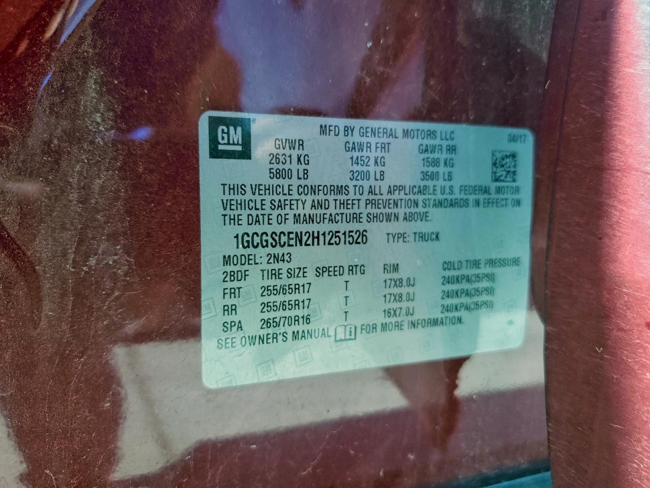 2017 Chevrolet Colorado Lt VIN: 1GCGSCEN2H1251526 Lot: 93736505